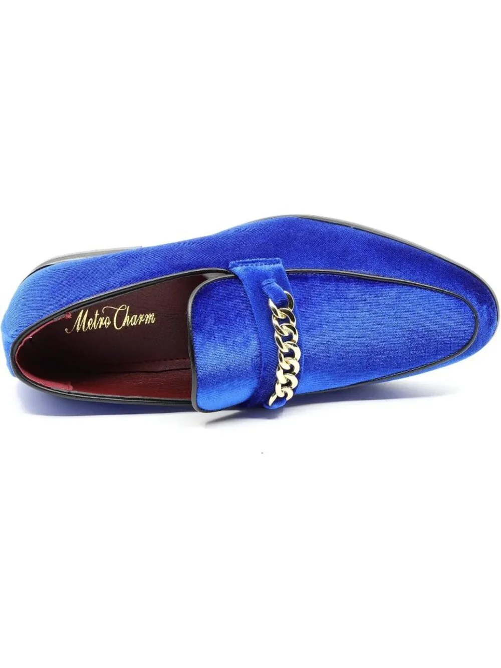 Metrocharm Men's Blue Vintage Velvet Loafers Gold Chain Buckle Slip On Shoes